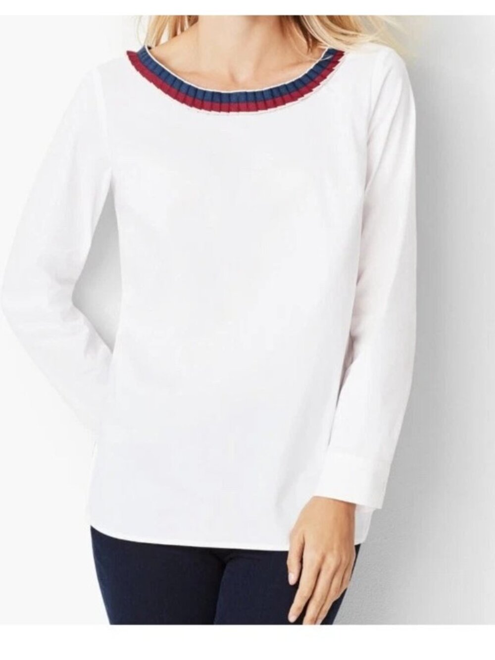 Talbots Popover Top Small Pleated Grosgrain Neck Trim White Cotton Preppy NEW